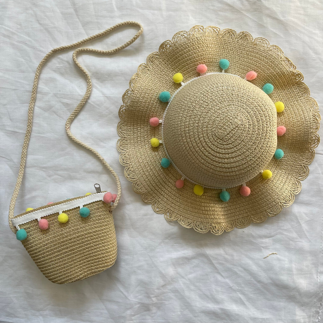 POM POM SUN HAT AND COIN PURSE (BEIGE)