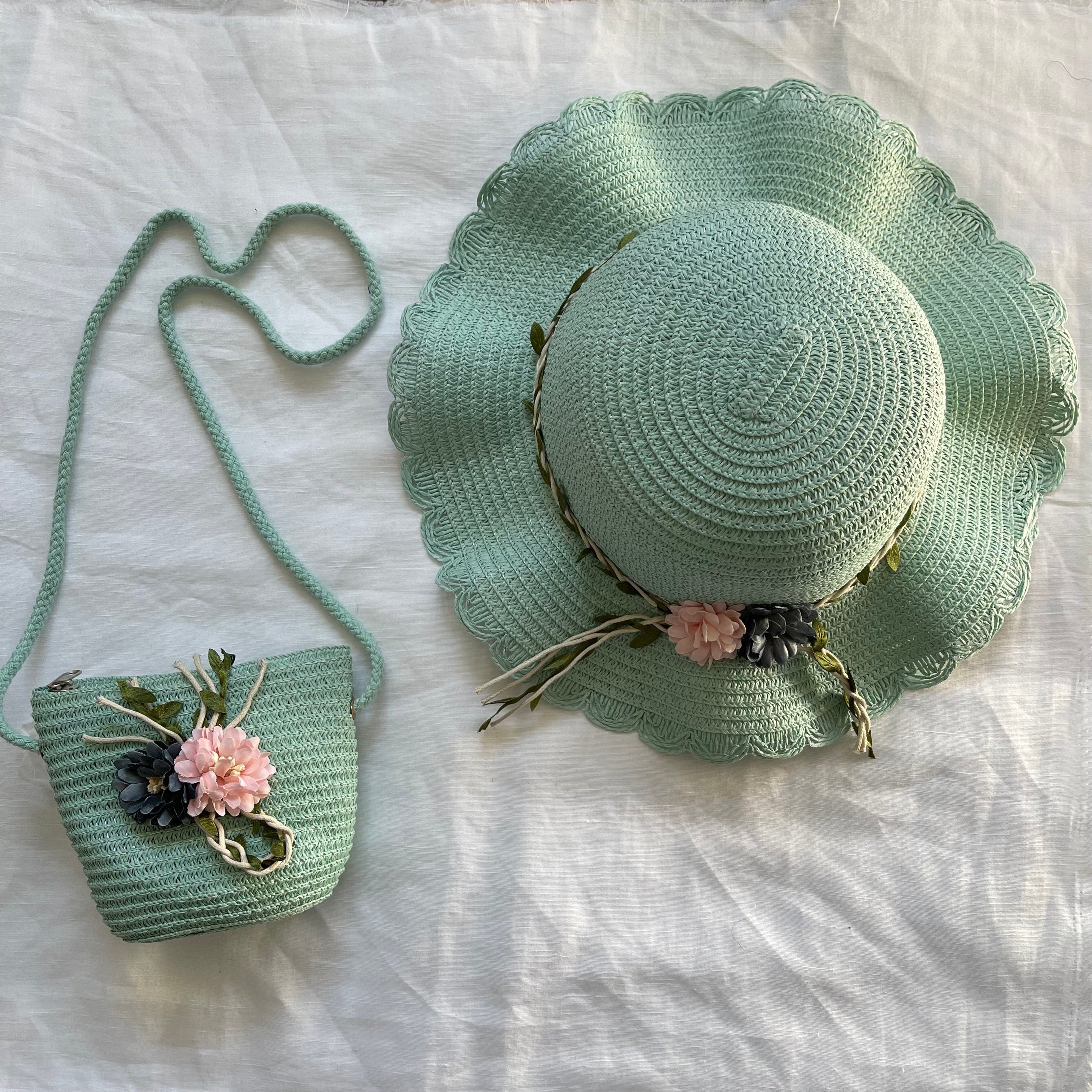 FLOWER SUN HAT AND COIN PURSE (GREEN)