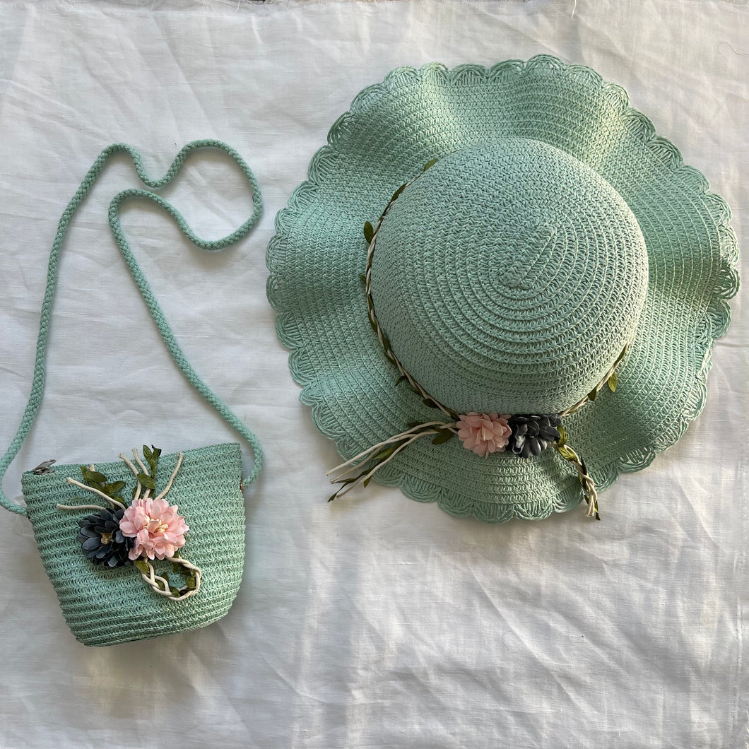 FLOWER SUN HAT AND COIN PURSE (GREEN)