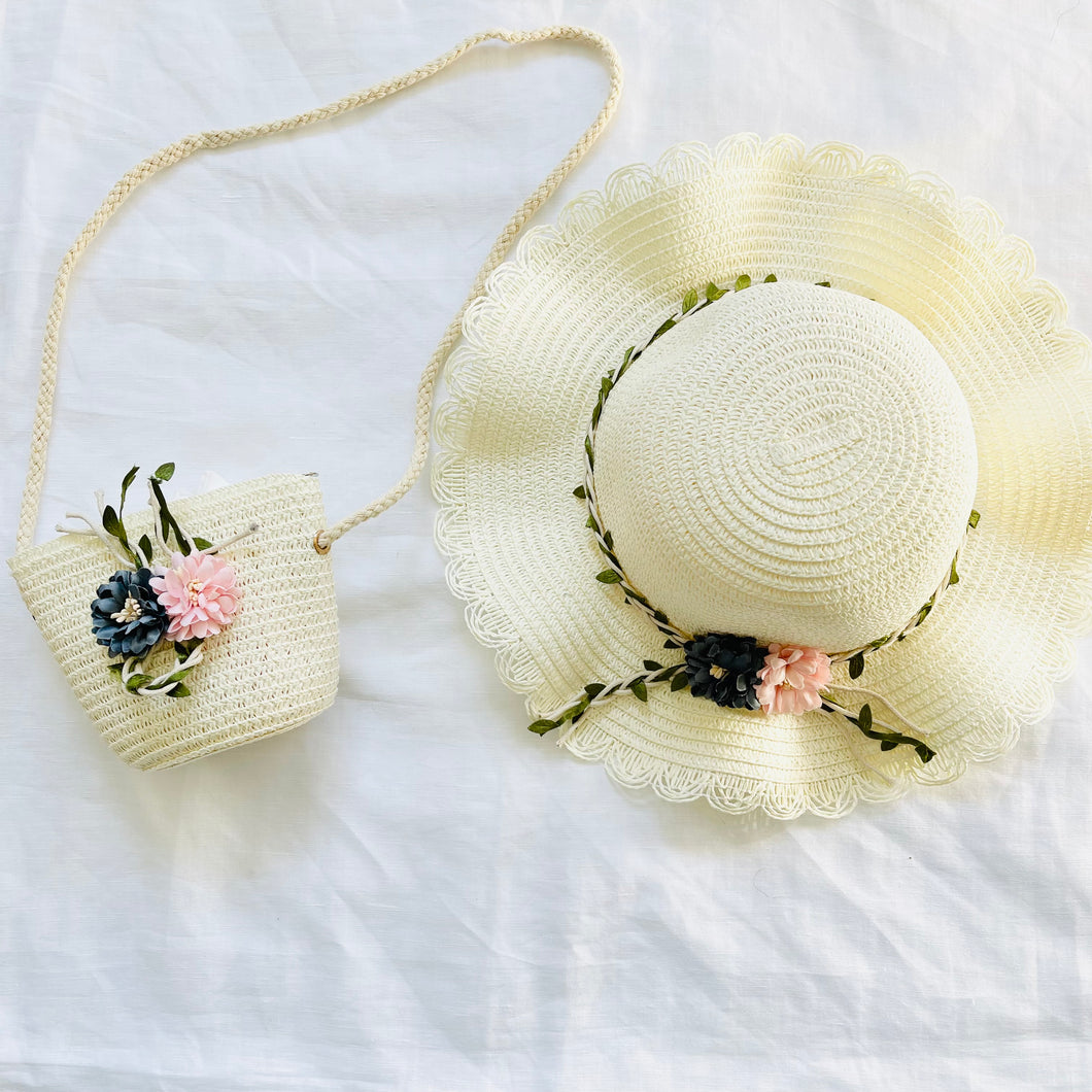 FLOWER SUN HAT AND COIN PURSE (CREAM)