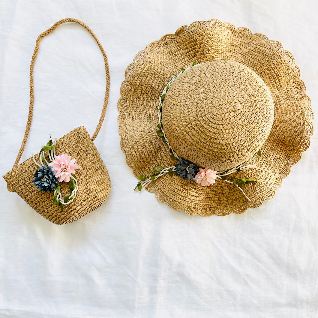 FLOWER SUN HAT AND COIN PURSE (BROWN)