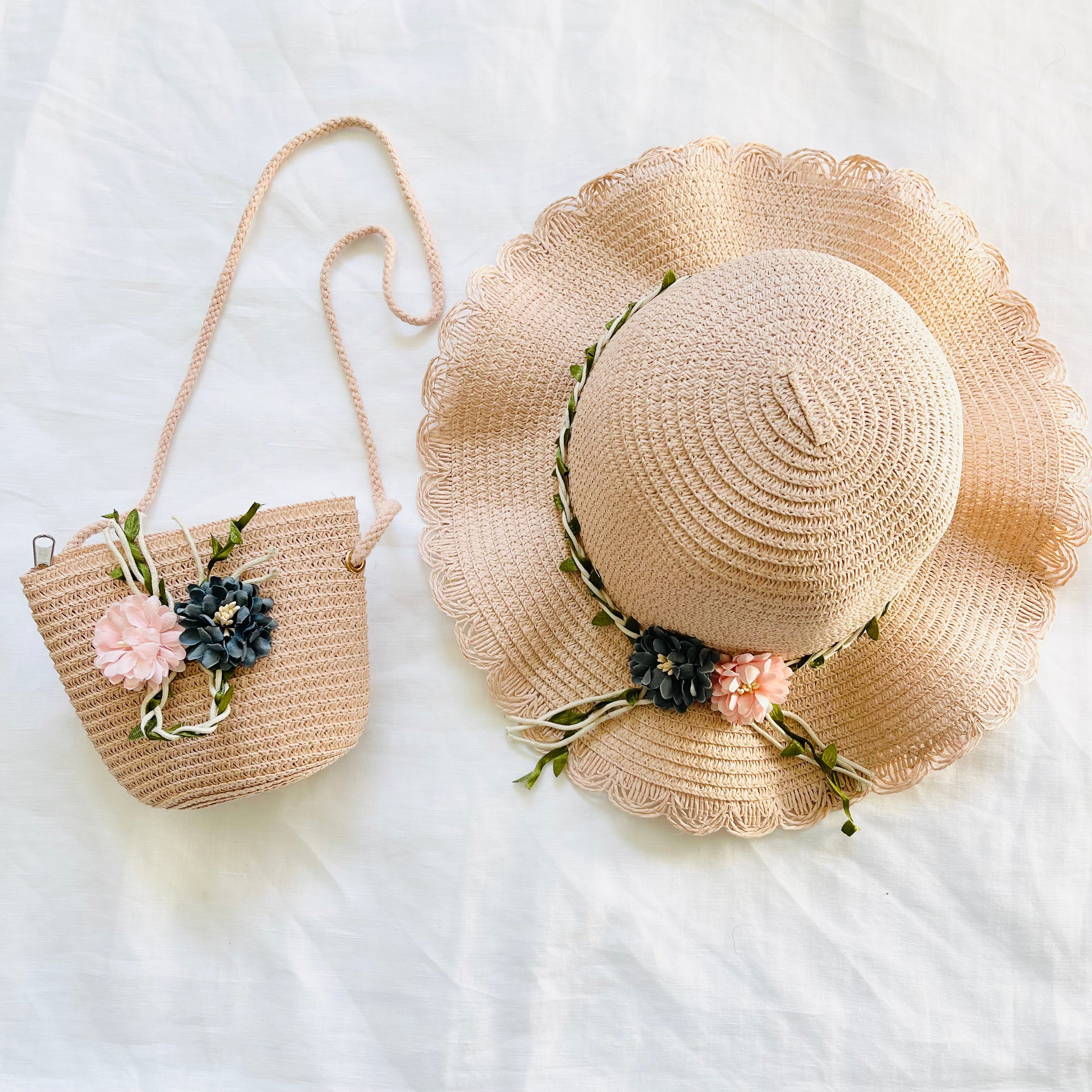 FLOWER SUN HAT AND COIN PURSE (PINK)