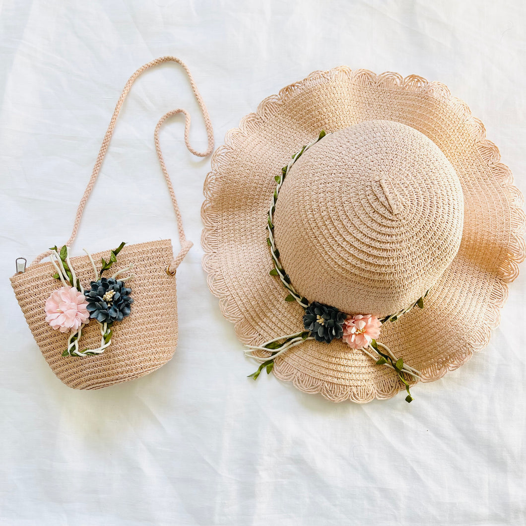 FLOWER SUN HAT AND COIN PURSE (PINK)