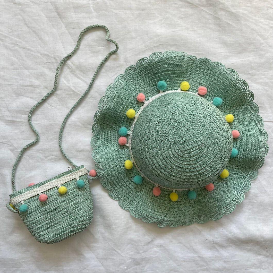 POM POM SUN HAT AND COIN PURSE (GREEN)