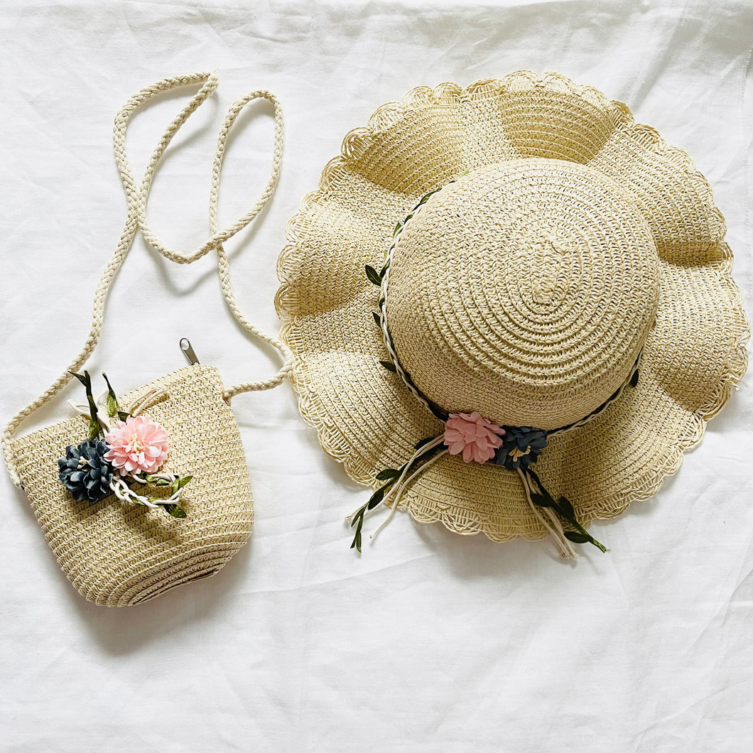 FLOWER SUNHAT AND COIN PURSE (BEIGE)