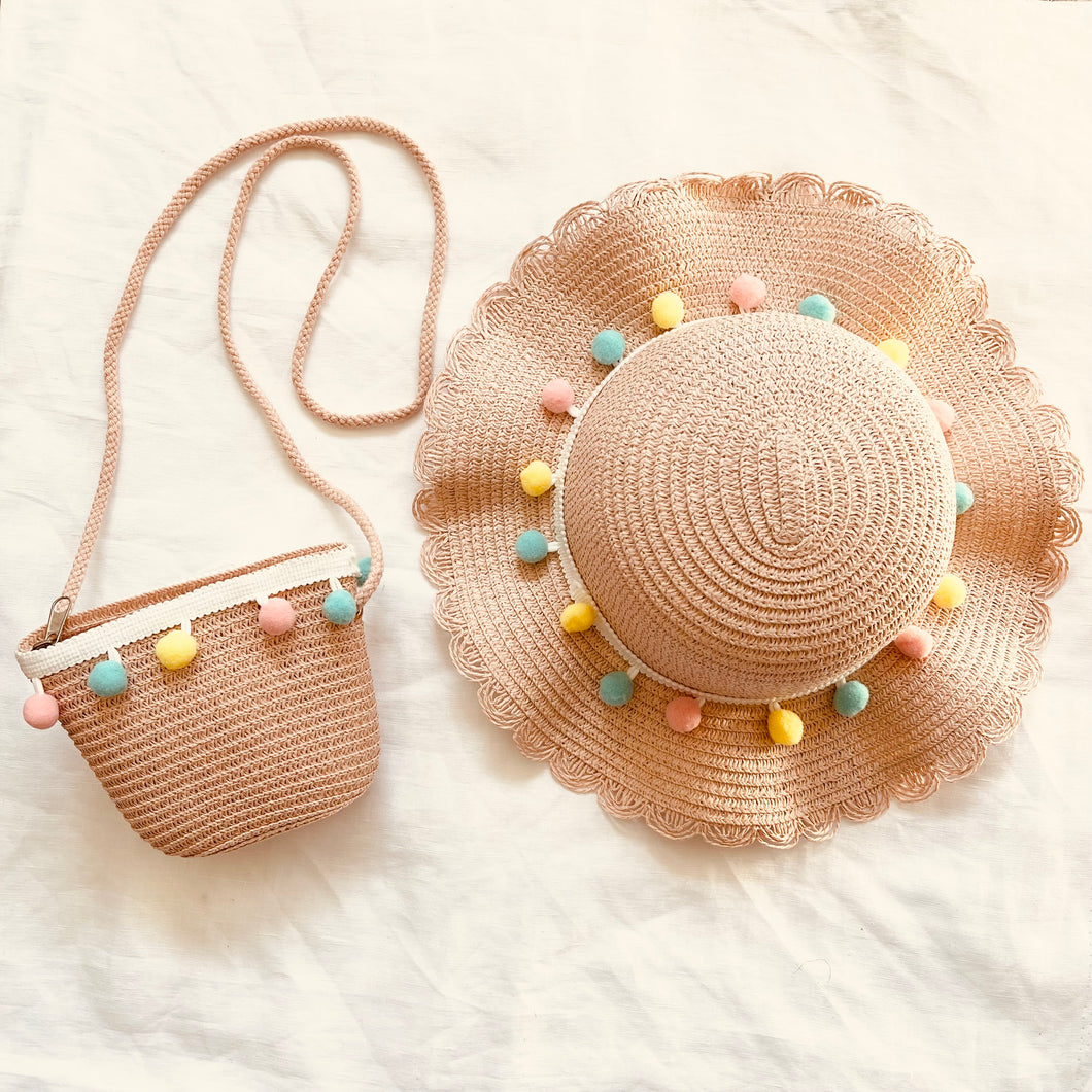 POM POM SUN HATS AND COIN PURSE (PINK)